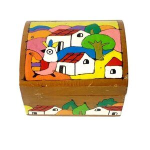 Mexican Guerrero Carved Wooden Trinket Box With Leather Hinges